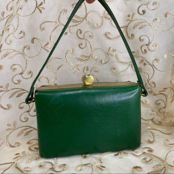 Styled by Normandic Handbags - Vintage 1950’s Green Leather Clutch with Gold Accents Styled by Normandic